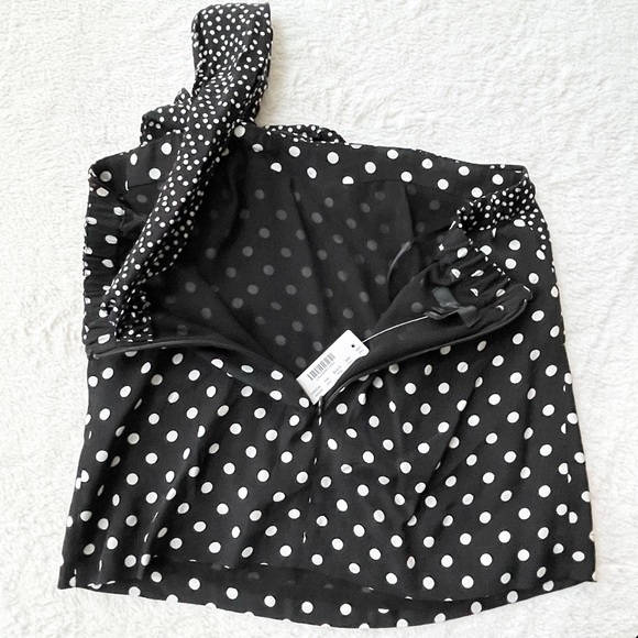 J.Crew | Silk Black & White Mixed Dot Print One Shoulder Bow Detail Top *NWT* - Picture 6 of 11